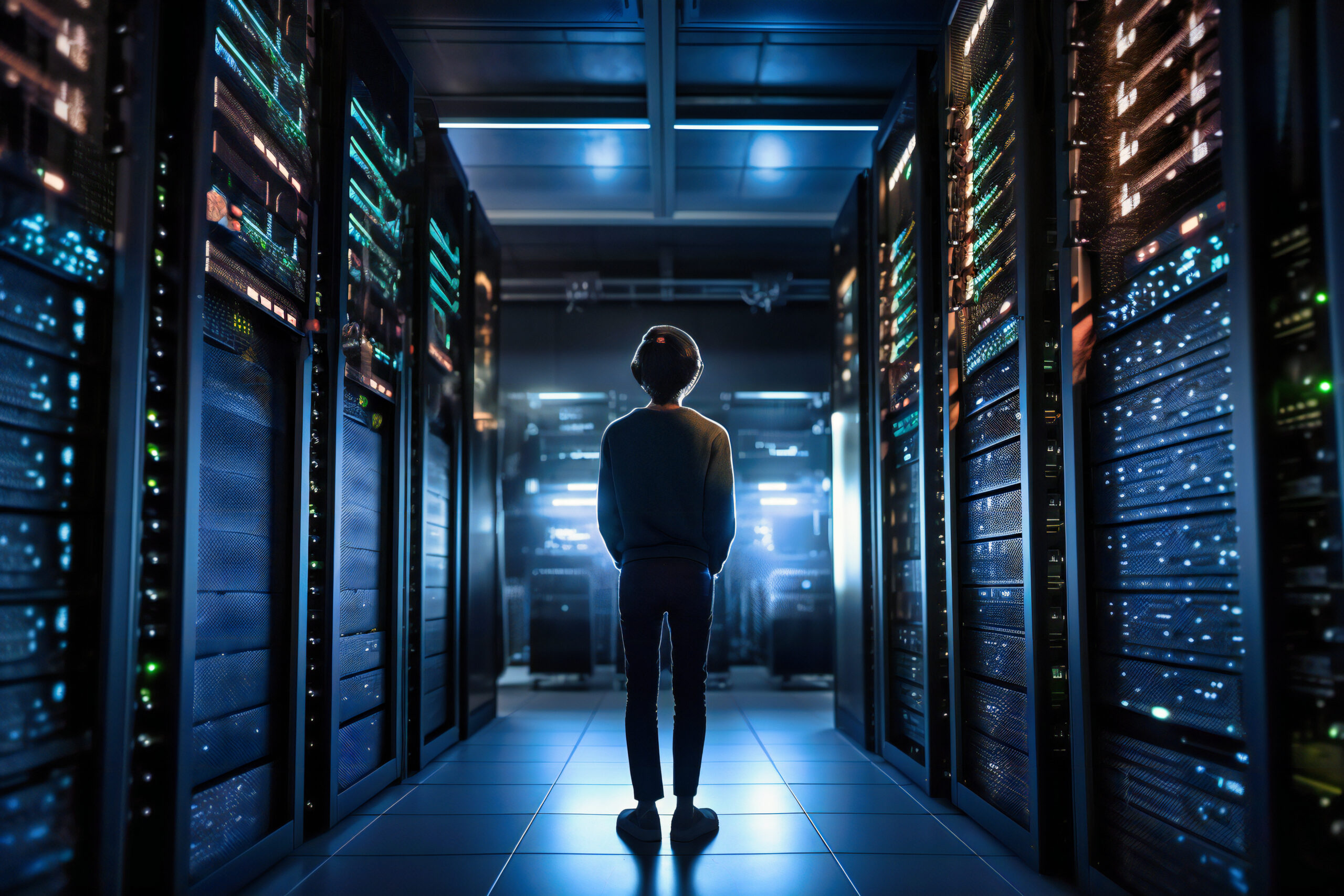 A powerful low-angle shot of an individual, observing supercomputer systems